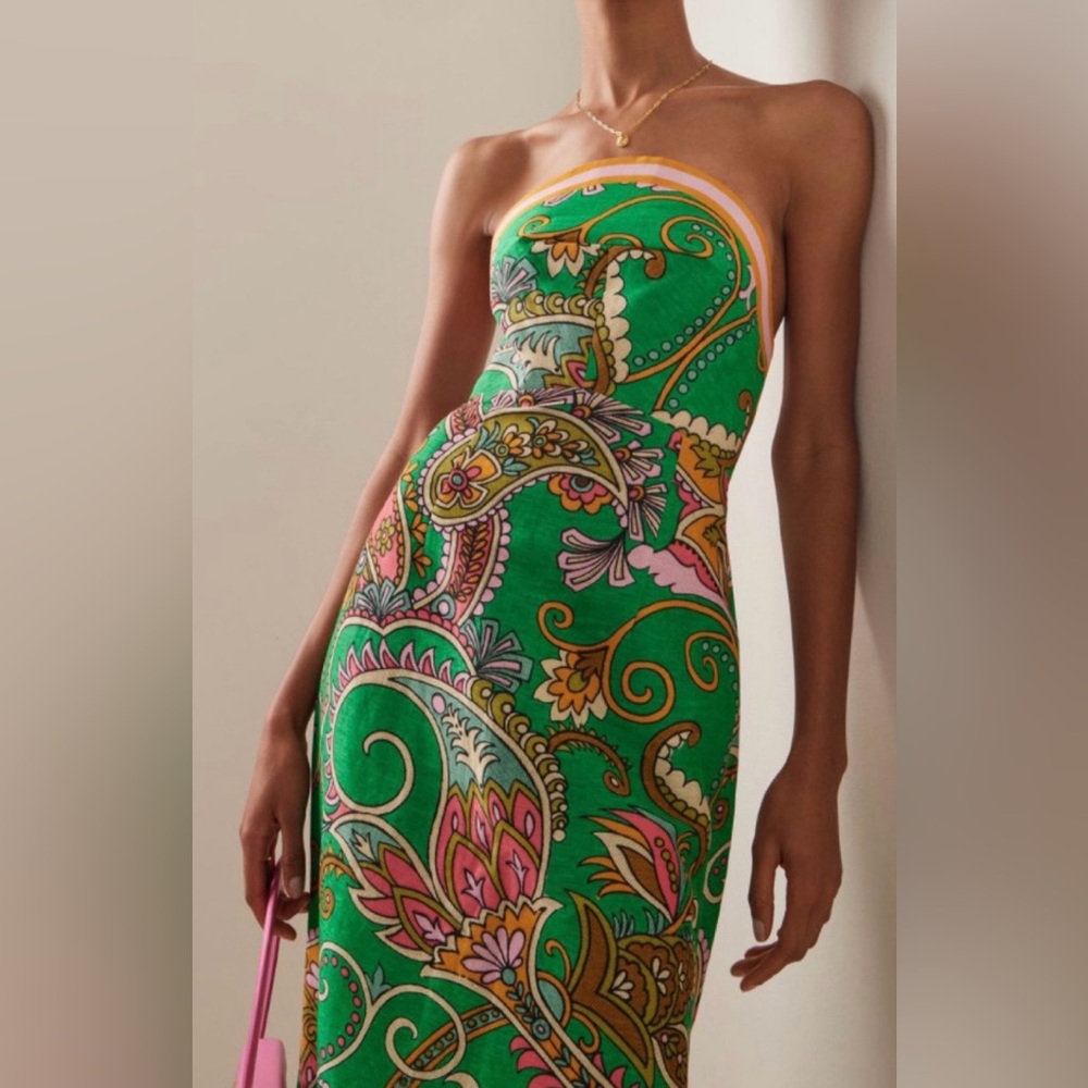 Alemais Strapless Dress in Green and Pink Paisley